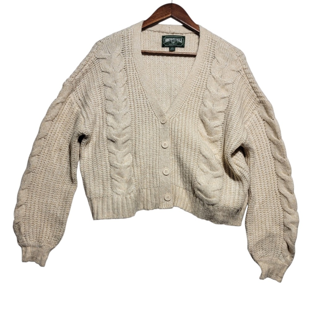 American Eagle Size Large‎ Cropped Cable Knit Button Up Cardigan Sweater Slouchy - Picture 2 of 4